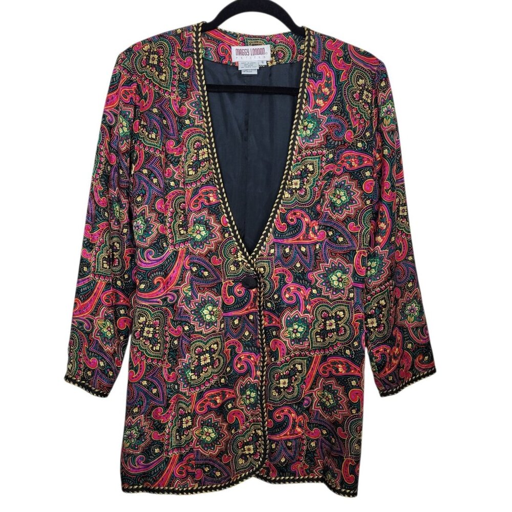Vintage Maggy London Petites 100% Silk Paisley Jacket Embroidered Trim Mature 6P